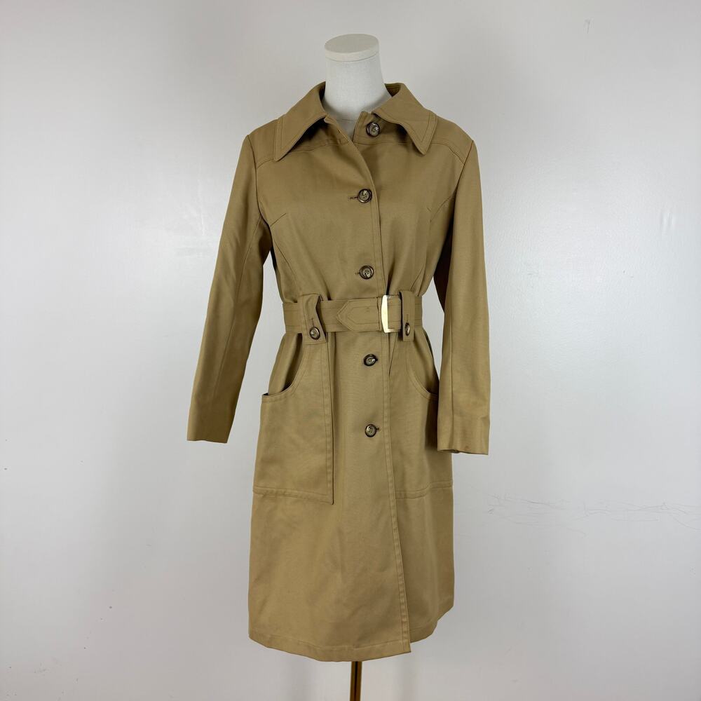 London Fog Womens Trench Main Coat Double Breasted Belted Light Brown 10 Wool